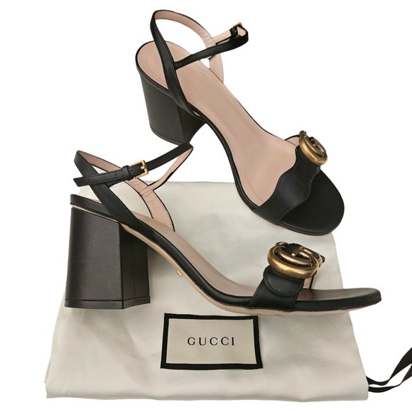 Gucci Shoes - Gucci Marmont GG Black Ankle Strap Mid Heeled Sandal